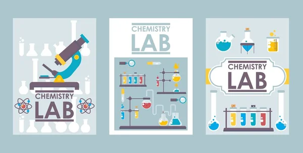 Bandeiras de laboratório de química, ilustração vetorial. Folheto científico cobrir design, modelo de brochura de laboratório. Ícones de laboratório de química de estilo plano, símbolos de pesquisa científica —  Vetores de Stock