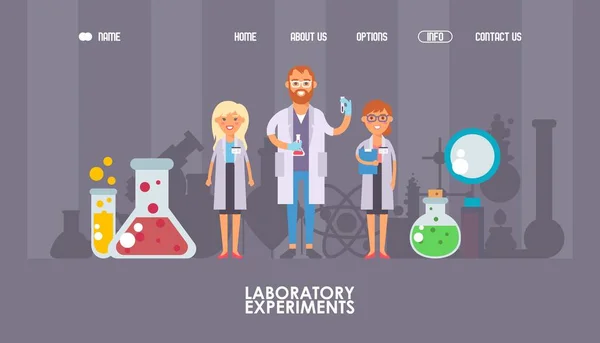 Man och kvinna forskare seriefigurer, vektor illustration. Laboratoriets webbdesign, mall för landningssida. Vetenskaplig forskning, kemiska laboratorietest, platt stil bakgrund — Stock vektor