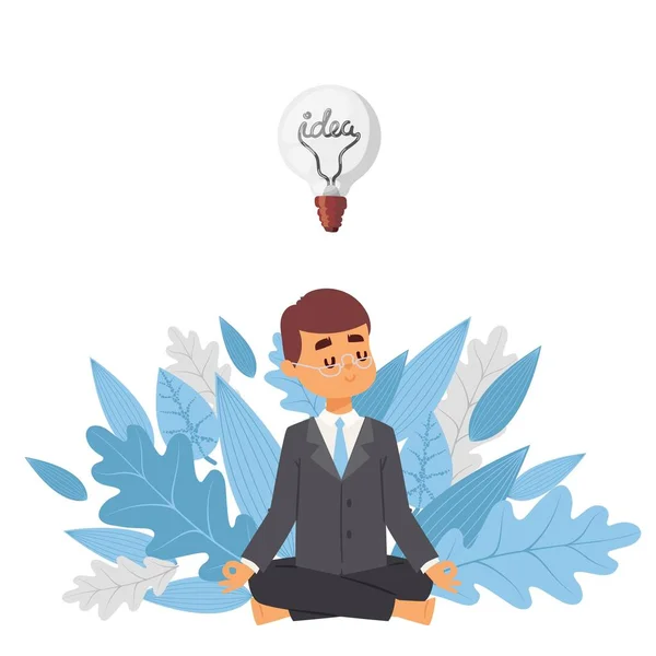 Meditating businessman with idea, vector illustration. Cartoon character man in suit on background of tree leaves. Mindful, calm, smiling visionary, business idea — Stock Vector