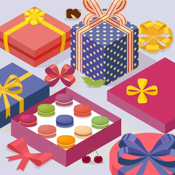 Geschenkbox mit Makaronen, Vektorillustration. Dekorative Geschenkboxen in isometrischer Perspektive, Geburtstagspaket. Französisch Makronen süße Süßspeise, leckeres Dessert — Stockvektor