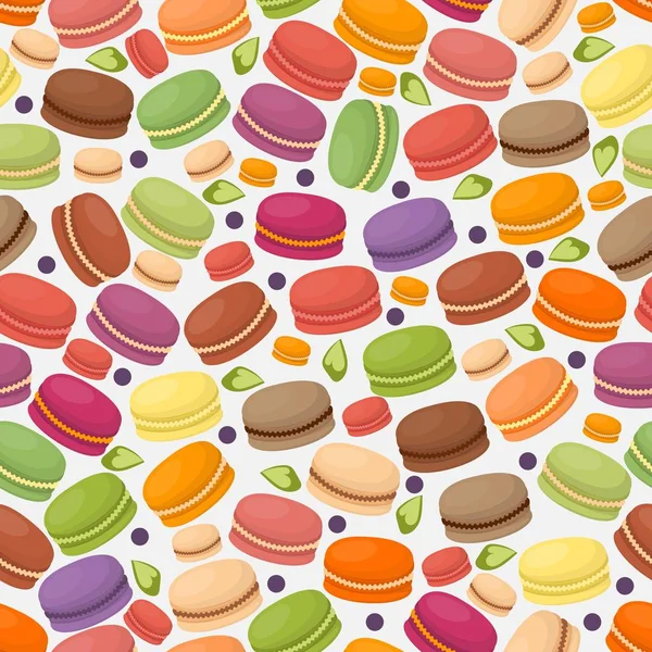 Französische Macarons in nahtlosem Muster, Vektorillustration. endlose bunte Makronen, Konditorei-Sortiment, Auswahl an leckeren Plätzchen. traditionelles süßes Dessert — Stockvektor