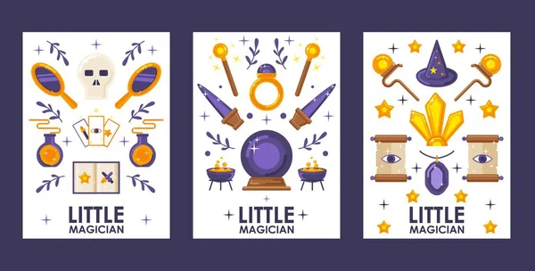 Σύνολο banners με εικονίδια μαγικό παιχνίδι, διανυσματική απεικόνιση. Επίπεδης τεχνοτροπίας αντικείμενα κινουμένων σχεδίων, σύμβολα μαγείας και μαγείας. Μαγικά φυλαχτά και φίλτρα, φανταστικά αντικείμενα — Διανυσματικό Αρχείο
