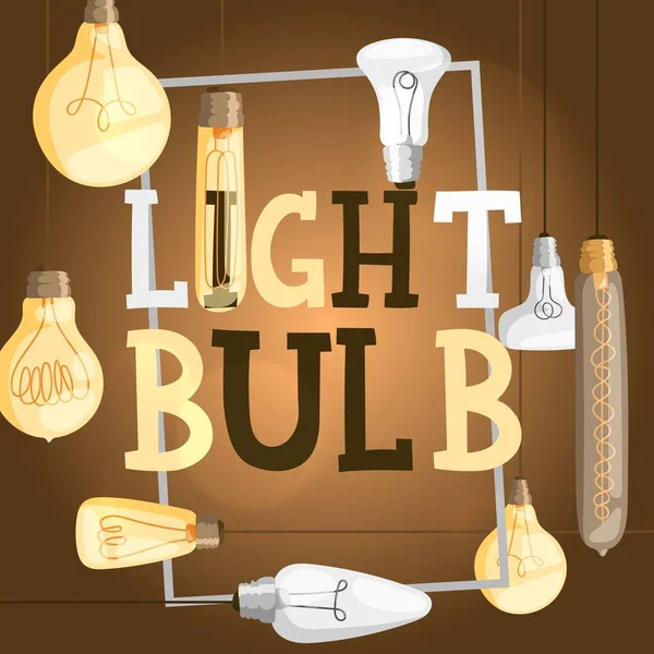 Light bulb typography poster, vector illustration. Lamp store catalog template, brochure cover design. Modern decorative light bulb collection, electric illumination shop