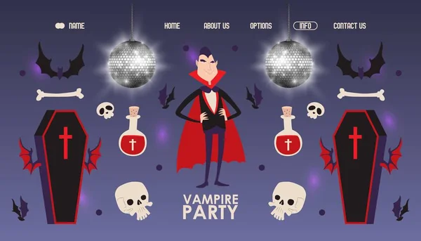 Invitación a fiestas de vampiros, diseño de sitios web de disfraces de Halloween, ilustración vectorial. Plantilla de la página de aterrizaje, personaje de dibujos animados vampiro Drácula, símbolos de fiesta de Halloween — Vector de stock