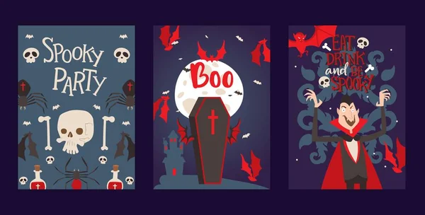 Estilo vampiro fiesta de Halloween invitación, ilustración vectorial. Conjunto de pancartas con símbolos de vampiros en estilo de dibujos animados, plantilla tipográfica. Iconos de Halloween y lugar para el texto — Vector de stock