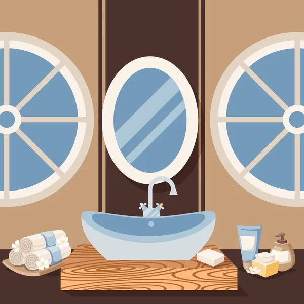 浴室水池矢量图解。 家居和酒店室内的卫生家具,现代豪华浴室设计理念. 陶瓷洗涤槽和水疗产品的平面风格 — 图库矢量图片