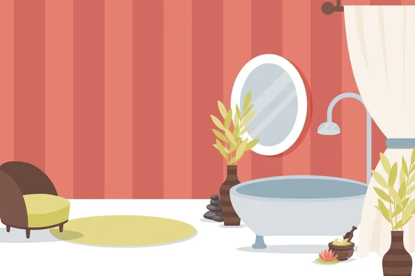 Εσωτερική διακόσμηση μπάνιου, διανυσματική απεικόνιση. Είδη υγιεινής για το σπίτι και το εσωτερικό του ξενοδοχείου, σύγχρονη έννοια της άνετο μπάνιο. Κεραμική μπανιέρα και προϊόντα spa — Διανυσματικό Αρχείο