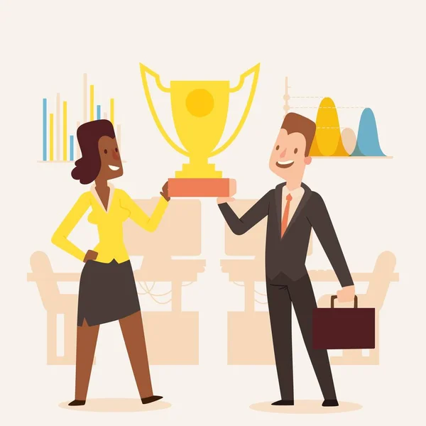 Award winning business company, man and woman holding trophy, vector illustration. Successful business people cartoon characters, partners in professional team — Stock Vector