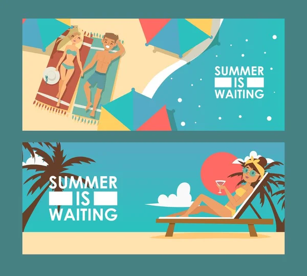 Summer vacation advertisement banner, vector illustration. Tour agency promotion campaign flyer, romantic holiday trip offer. Luxury tropical resort, man and woman enjoy summer beach — Stock Vector