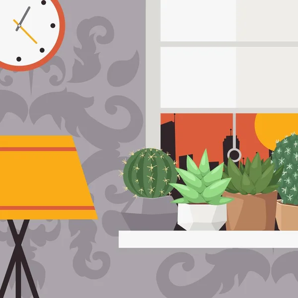 Plantas suculentas en el alféizar de la ventana, ilustración vectorial. Apartamento interior en estilo plano, colección de cactus decorativos en macetas. Plantas exóticas para el hogar — Vector de stock