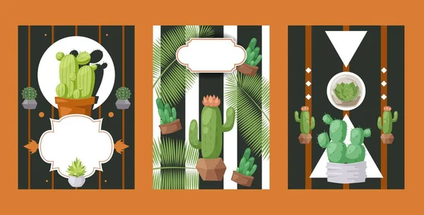 Banderas de cactus, ilustración vectorial. Campaña de publicidad de tienda de plantas domésticas, cubierta de folleto de promoción de tienda de flores. Plantas suculentas en macetas, cactus decorativos — Archivo Imágenes Vectoriales