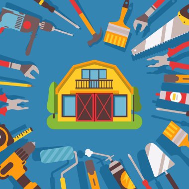 Ev onarım araçları ilanı, vektör illüstrasyonu. Ev bakımı servisi tanıtımı, hırdavatçı kitapçısının kapağı. İnşa ve yenileme araçları ve araçları