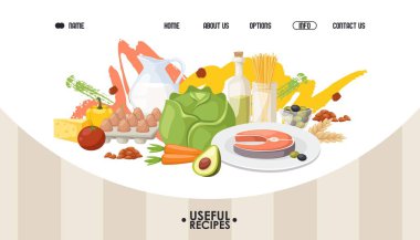 Sağlıklı gıda web sitesi tasarımı, vektör çizimi. İniş sayfası şablonu, organik ürünlerden diyet yemek tarifleri ve yerel malzemeler. Sağlıklı yemek için sebzeli somon.