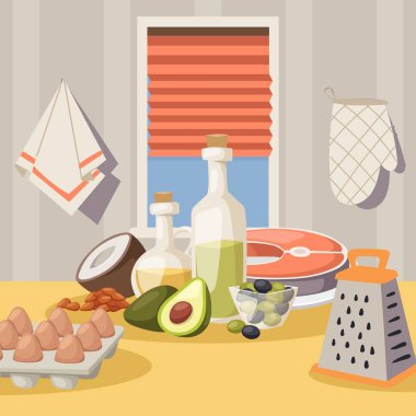 Mutfak masasında yemek malzemeleri, vektör illüstrasyonu. Sağlıklı yemek için ürünler, organik yemek tarifi. Mutfak kurulumu, ev yemekleri. Somon, avokado, yumurta, hindistan cevizi ve zeytinyağı.