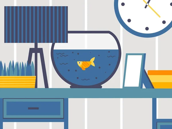 Peixe-dourado nadando em um aquário de mesa, ilustração vetorial de estilo plano. Design de interiores, animais de estimação aquáticos para casa ou escritório. Tanque de peixe na mesa, pequeno peixe decorativo dos desenhos animados —  Vetores de Stock