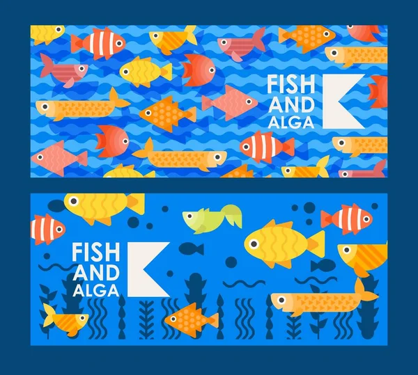 Ícones de peixe coloridos abstratos em estilo plano, ilustração vetorial. Banners para pet shop, loja de aquários. Peixe decorativo em estilo cartoon simples, oceano vida subaquática — Vetor de Stock