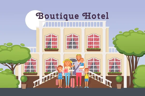 Familie vakantie in boutique hotel, vector illustratie. Platte stijl stripfiguren, familie met kinderen in de voorkant van luxe hotel gebouw. Gelukkige mensen reizen accommodatie — Stockvector