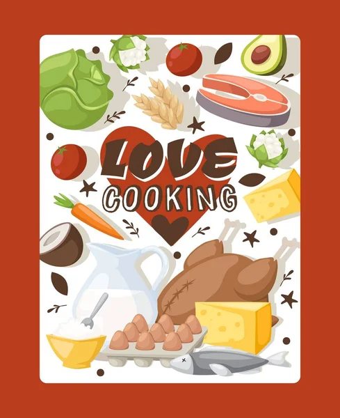 Capa de livro culinária, ilustração vetorial. Adoro cozinhar, poster tipográfico para cozinha. Receitas de ingredientes orgânicos, livro de receitas de alimentos saudáveis. Produtos lácteos, produtos hortícolas — Vetor de Stock