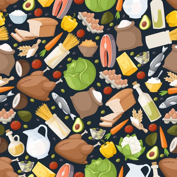 Ikon makanan dalam pola mulus, ilustrasi vektor. Emblem terisolasi dari bahan-bahan memasak, produk susu, sayuran, ayam dan ikan. Membungkus kertas untuk pasar makanan - Stok Vektor