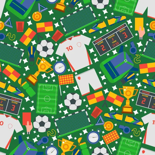 Ícones de futebol em padrão sem costura, ilustração vetorial. emblemas de estilo plano, símbolos de futebol, campeonato de futebol. Papel de embrulho ou design de impressão de tecido com ícones isolados —  Vetores de Stock