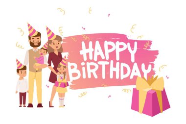 Aile birlikte doğum günü partisine gidiyor, vektör çizimi. Tipografik tebrik kartı şablonu, parti şapkalı ve doğum günü hediyeli insanlar. Çocuklu ebeveynler