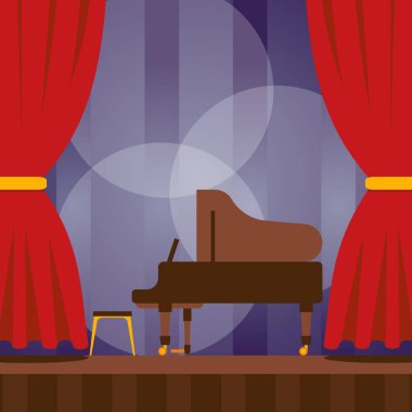 Piyano sahnede, vektör çizimi. Müzikal konser performansı, klasik kültür gecesi etkinliği. Müzik festivali duyurusu posteri, piyano konsere hazır.