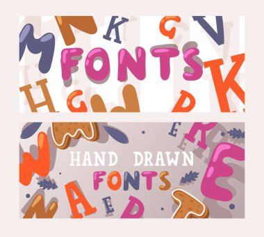 El yazısıyla çizilmiş afiş, vektör illüstrasyonu. Özel yazı tipi koleksiyonu, farklı stillerde renkli harfler. Typography set preview, font tasarım promosyon kampanyası