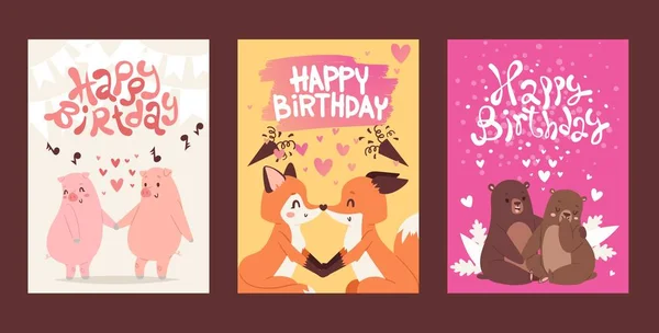 Happy birthday greeting card template, vector illustration. Cute animals romantic couple on valentine day. Happy pigs, foxes in love, adorable bears together — Stock Vector