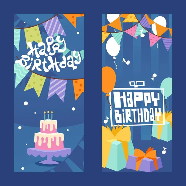 Типографический баннер с днем рождения, векторная иллюстрация. Надпись на поздравительной открытке, приглашение на день рождения. Подарочные коробки, подарки, воздушные шары, флаги и торт. Декорации вечеринки — стоковый вектор
