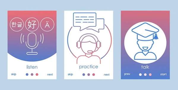 Sprache lernen Online-Anwendungsoberfläche, Vektorillustration. Mobile App Bildungsprogramm, lernen und üben Fremdsprachen. Reihe von Symbolen im modernen Linienstil — Stockvektor