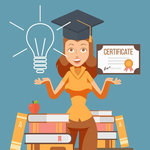 Graduate woman cartoon character, vector illustration. College student girl with education certificate. University studying, graduation diploma. Opportunities for future career — Stock Vector