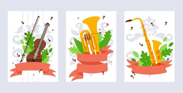 Banner de instrumento musical, ilustração vetorial. Violino, tuba e saxofone em estilo plano. Concerto convite, modelo de capa de livreto da escola de música. Loja de instrumentos musicais — Vetor de Stock