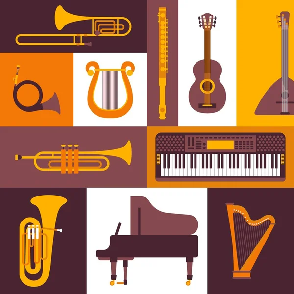 Instrumentos musicais ícones de estilo plano, ilustração vetorial. Colagem de emblemas isolados e adesivos. Instrumentos para piano, teclado, flauta, latão e cordas. Ícone para loja musical — Vetor de Stock