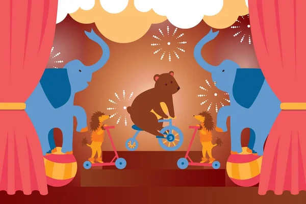 Spectacle de cirque avec animaux entraînés, ours, éléphant, illustration vectorielle de chien — Image vectorielle