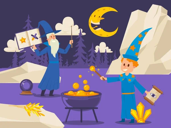 Old wizard teaches young student to cook magical potion, vector illustration. Flat style outdoor scene with cartoon characters. Boy with magic wand and spell scroll at night — 스톡 벡터