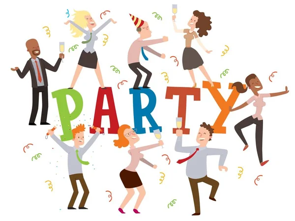 Party im Büro, Vektorillustration. Typografie-Plakat mit tanzenden Menschen, lustigen Cartoon-Figuren, feiernden Angestellten. Geburtstagsfeier bei der Arbeit — Stockvektor