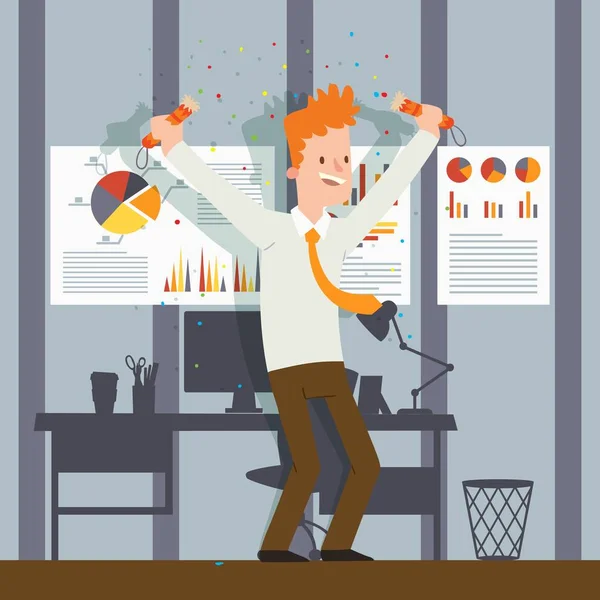 Dipendente dell'ufficio che festeggia, illustrazione vettoriale. Buon uomo d'affari personaggio dei cartoni animati, project manager di successo. Festeggiamenti per il successo della carriera professionale, progressi nella startup — Vettoriale Stock