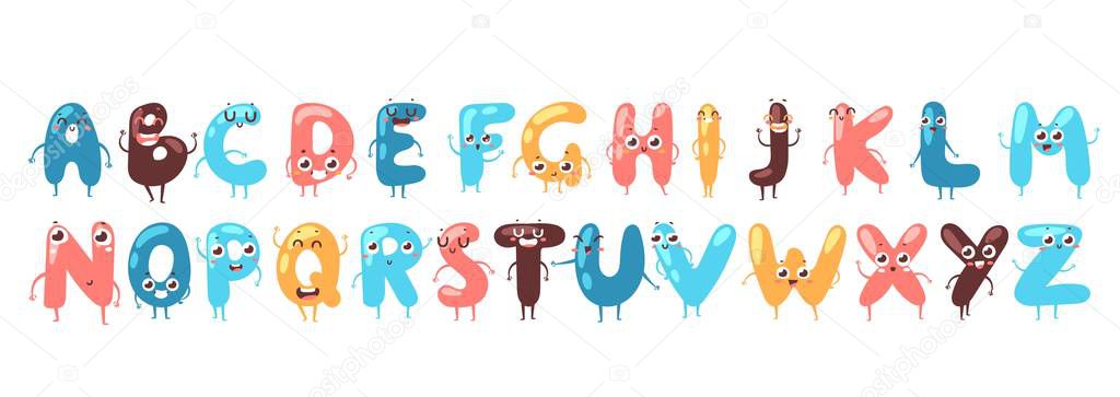 Funny font, vector illustration. Letters cartoon characters with smiling faces, English alphabet. Typographic font for children, funny colorful typeset, cute letters