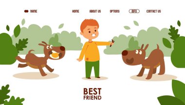 Köpeklerle oynayan çocuk, vektör çizimi. İniş sayfası şablonu, web sitesi tasarımı. Sevimli çizgi film karakterleri, evcil hayvanlarla eğlenceli aktiviteler. Köpek oğlanların en iyi dostudur.