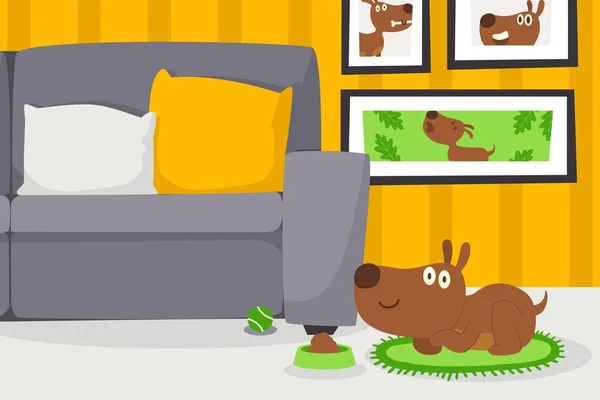 Kutya a lakásban, vektor illusztráció. Nappali belső, aranyos kiskutya rajzfilm karakter, boldog háziállat. Otthon kutya szerető, vicces kisállat és képek a falon — Stock Vector