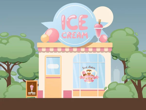 Ice cream shop, vector illustration. Small cozy gelateria, local business store. Creamery in summer park, exterior of dessert cafe. Welcome to classic gelateria, ice cream — 스톡 벡터