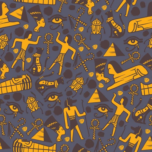 Mesir Kuno ikon dalam pola mulus, vektor ilustrasi. Membungkus kertas dengan simbol peradaban Mesir kuno artefak. Simbol gaya datar dari sarkofagus mumi, sphinx, dewa mitos Mesir - Stok Vektor
