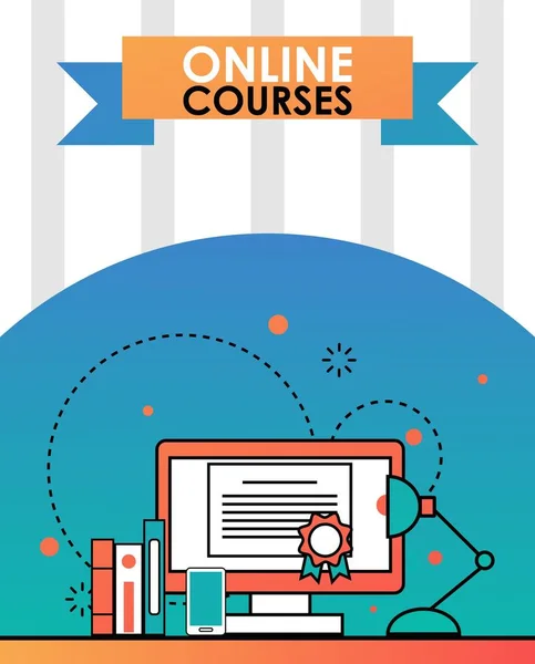 Curso de educación en línea, ilustración vectorial. Banner de estilo plano, anuncio de webinar, promoción del programa de educación a distancia. Aprender cursos en internet, estudiar en línea — Vector de stock