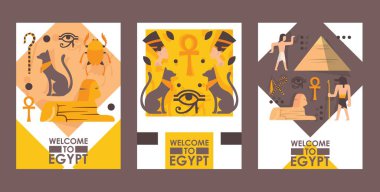 Mısır tanıtım afişine hoş geldiniz, vektör illüstrasyonu. Seyahat acentesinin broşürü, gezi broşürü. Mısır kültürünün ve tarihinin düz stil sembolleri