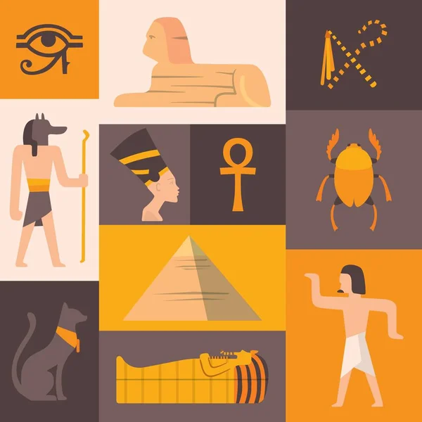 Ókori Egyiptom ikonok lapos stílusú kollázs, vektor illusztráció. Matricák egyiptomi tereptárgyakkal, piramissal, szfinxszel és múmia szarkofággal. Utazási irodák brosúrája — Stock Vector