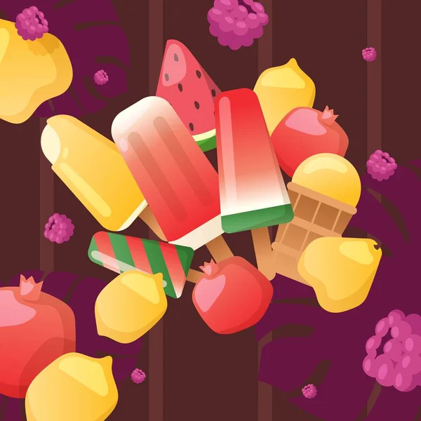 Cubierta de menú de helado, ilustración vectorial. Anuncio de tienda de cremas, póster de gelatería. Selección de postres dulces con sabor a fruta fresca, refrescante surtido de helados — Archivo Imágenes Vectoriales