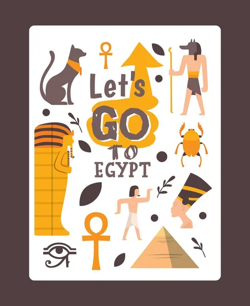 Az ókori Egyiptom tipográfiai plakát, vektor illusztráció. Utazási iroda promóciós kártya sablon szimbólumokkal az egyiptomi kultúra és történelem. Izolált lapos stílusú ikonok — Stock Vector