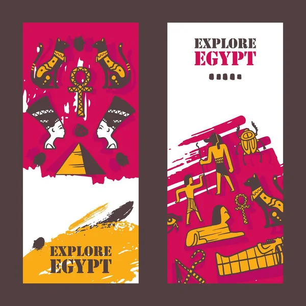 Starověký svislý prapor Egypta, vektorová ilustrace. Prozkoumejte egyptskou kulturu, poznávací turné, vstupenky do muzea. Cestování do Egypta, památkové pozvání — Stockový vektor