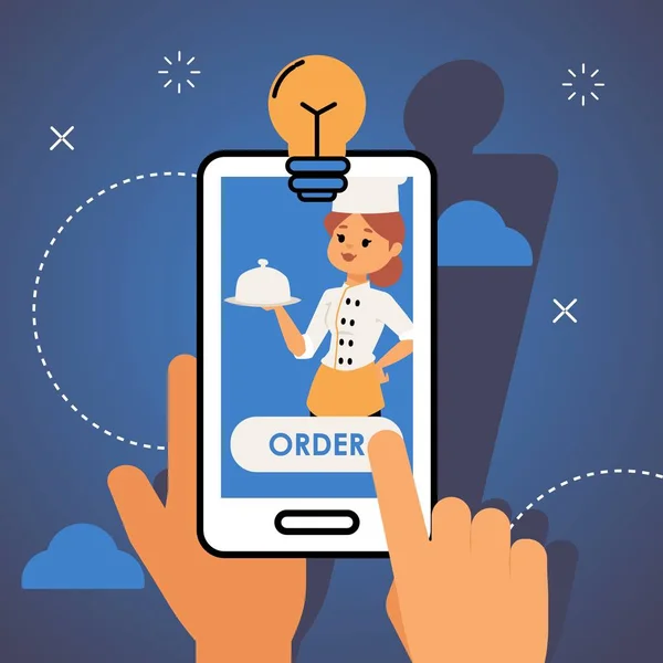 Food delivery app concept, vector illustration. Order meal online application, modern restaurant service. Woman waitress cartoon character holding dish — 스톡 벡터