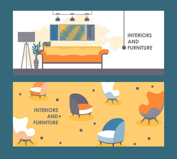 Furniture store banners, vector illustration. Modern interior design, flat style icons of chair, couch, lamp and wall decoration print. Furniture for living room — 스톡 벡터